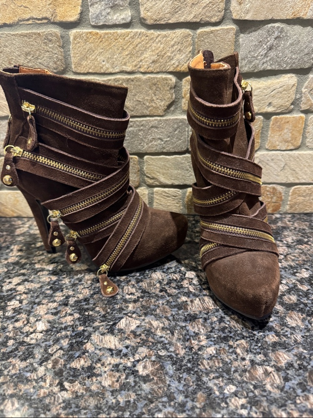 N.Y.L.A. Dark Brown Suede Wrap-Zip High Heel Ankle Boots
